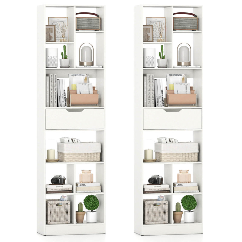 2 bibliothèques 71 po avec tiroir, 10 cubes ouverts, trousses anti-basculement pour bureau, blanc, 2