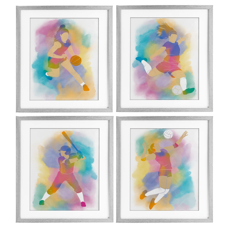Ensemble de 4 impressions colorées pour femmes Sports encadrées sous verre, design par Marcus Prime, H 16 po x l 13 po