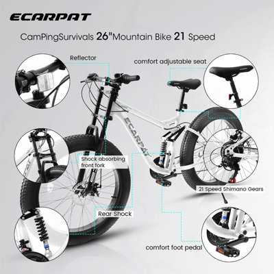 26 inch Mountain Bike,Full-Suspension 21 Speeds Drivetrain with Disc-Brake MTB Bicycle, 26*4" Fat tire Bike for Men