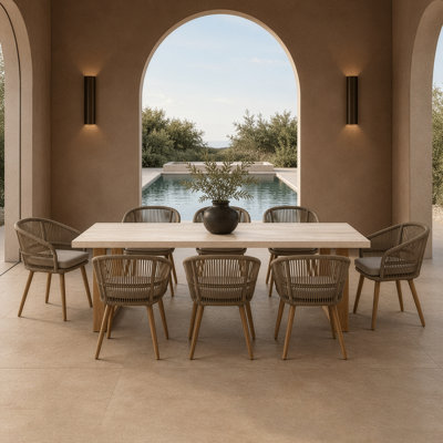 Cascais - Outdoor Grey + Faux Travertine + Eucalyptus Dining Table Set