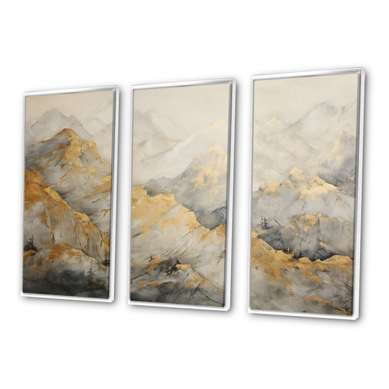 «Bold Beige and Gold Mountain Glacier», ensemble de reproduction d'art mural forêt, Cadre flottant blanc