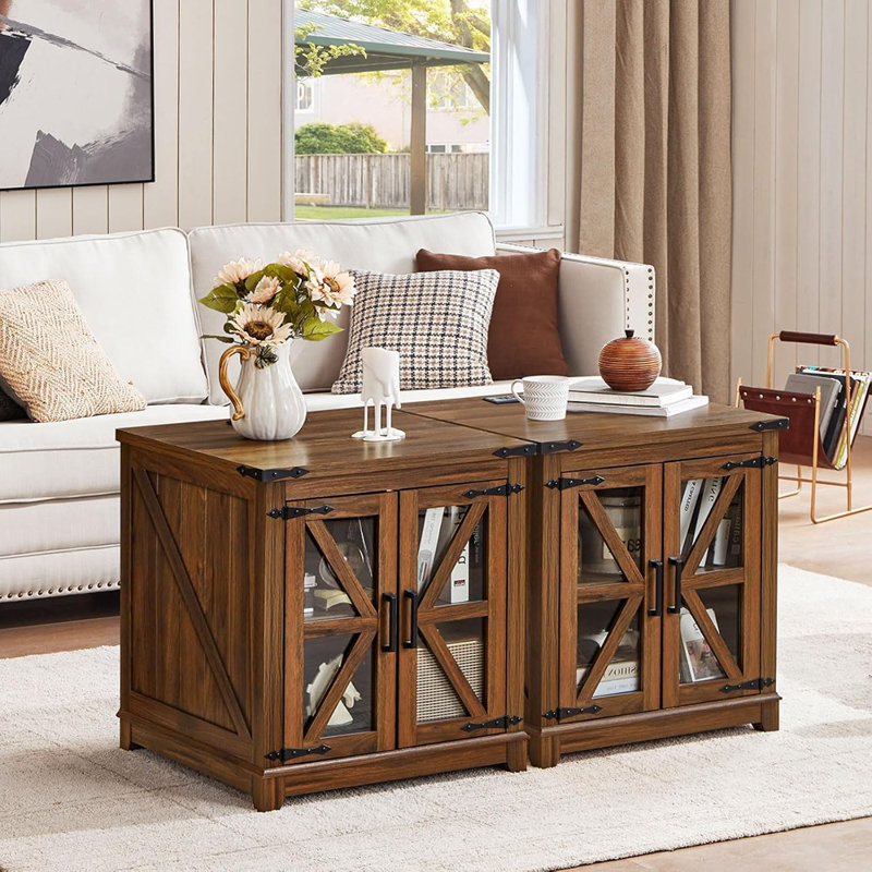 Table de bout - Grande table d'appoint avec station de charge, porte de grange en verre, tablette en bois réglable, table de chevet carrée pour le salon, la chambre à coucher et le bureau, brun