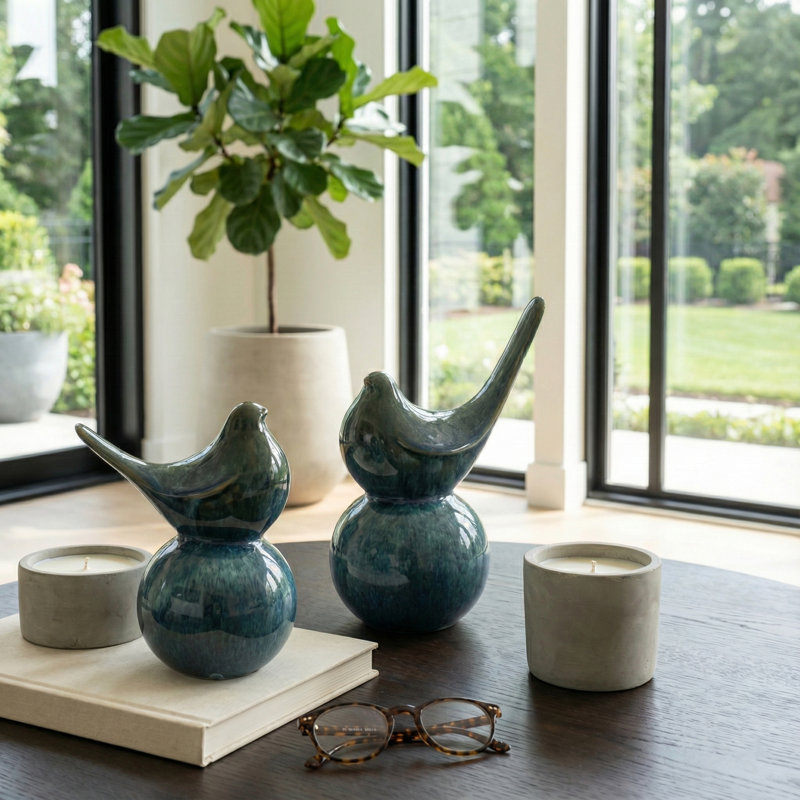 Statues d'oiseaux décoratives en céramique pour la décoration intérieure - Sculpture moderne pour bureaux ou décoration de salon - ensemble de 2, 9 po, 7 po, bleu