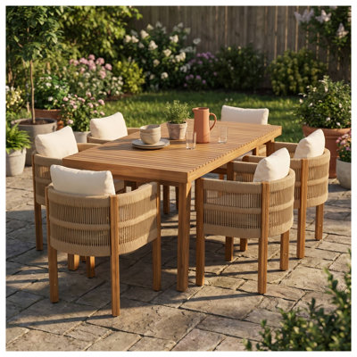 Ensemble repas d'extérieur 7 pièces avec table en bois d'acacia brun et 6 chaises à dossier en corde, coussins beiges inclus