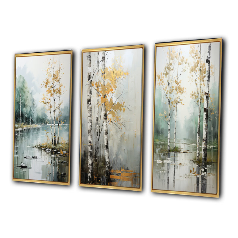«Birch Woods Ethereal Elegance», 3 pièces, Encadrement doré, H 20 po x l 36 po