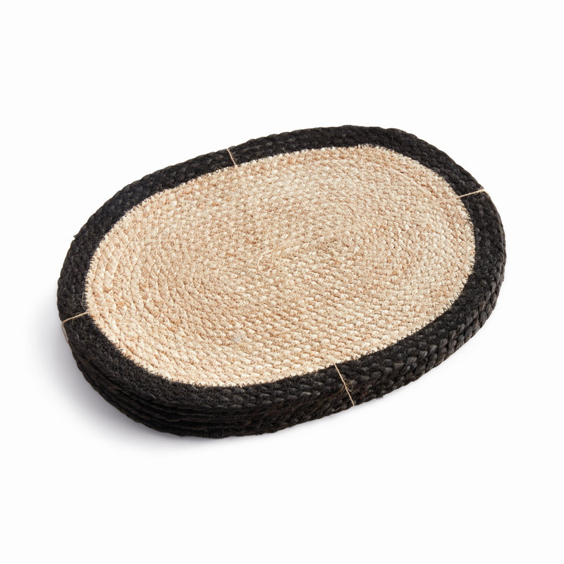 Napperon ovale en jute, ensemble de 8, Noir / brun clair