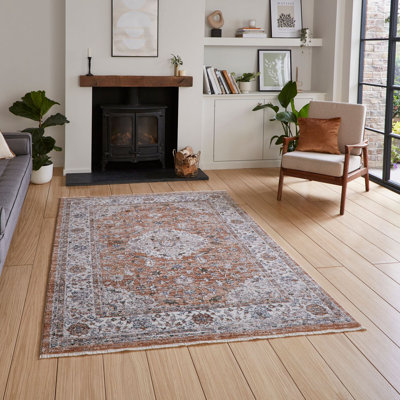 Vintage area rug Machine Woven Runner Terracotta
