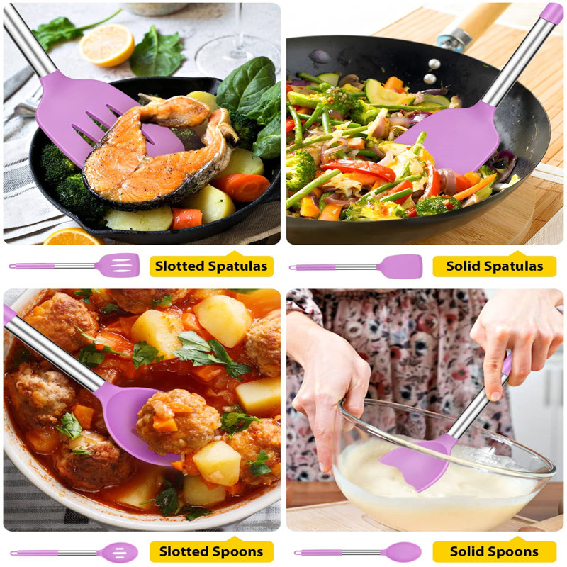 4-Piece Silicone Cooking Utensil Set, Non-Stick Large Solid Spatula, Heat Resistant Slotted Spoon, Ideal Kitchen Spatula