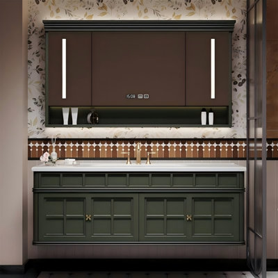 Solid Rubberwood Bathroom Vanity in Forest Green with Integrated Ceramic Basin & Smart Medicine Cabinet