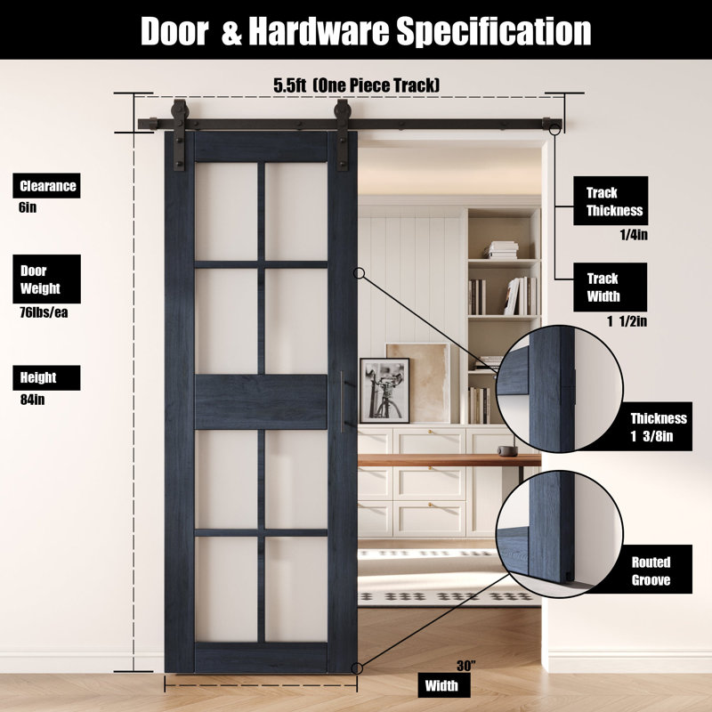 Porte de grange en verre non assemblé et fini 30 po x 84 po avec quincaillerie Homacer de 30 po x 84 po Homacer, usage intérieur seulement