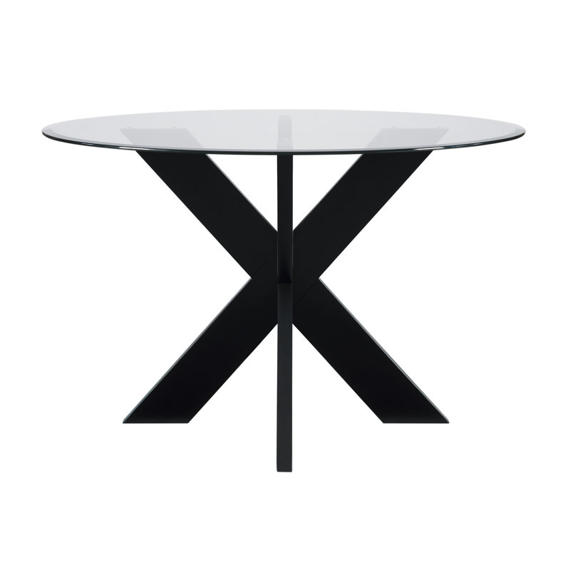 Astrid 48" Round Glass Top Dining Table With Solid Wood Base, Black