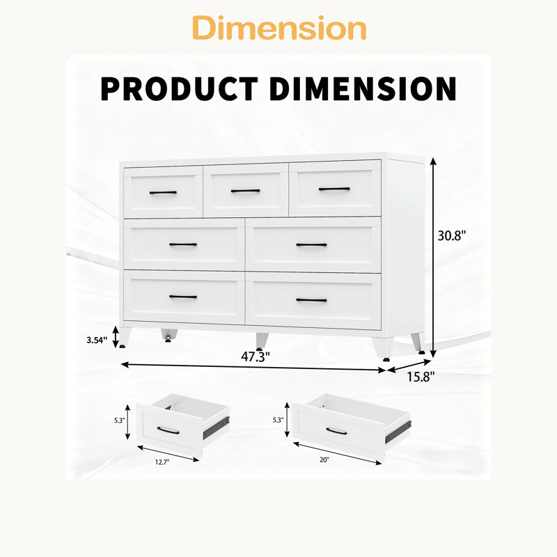 Commode 7 tiroirs, grande armoire de rangement à profil bas, commode en métal pour chambre à coucher