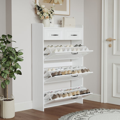 Armoire à chaussures pour le vestibule, armoire à chaussures étroite avec 3 tiroirs rabattables et 2 tiroirs supérieurs, armoire à chaussures moderne pour couloir, appartement, salon, blanc