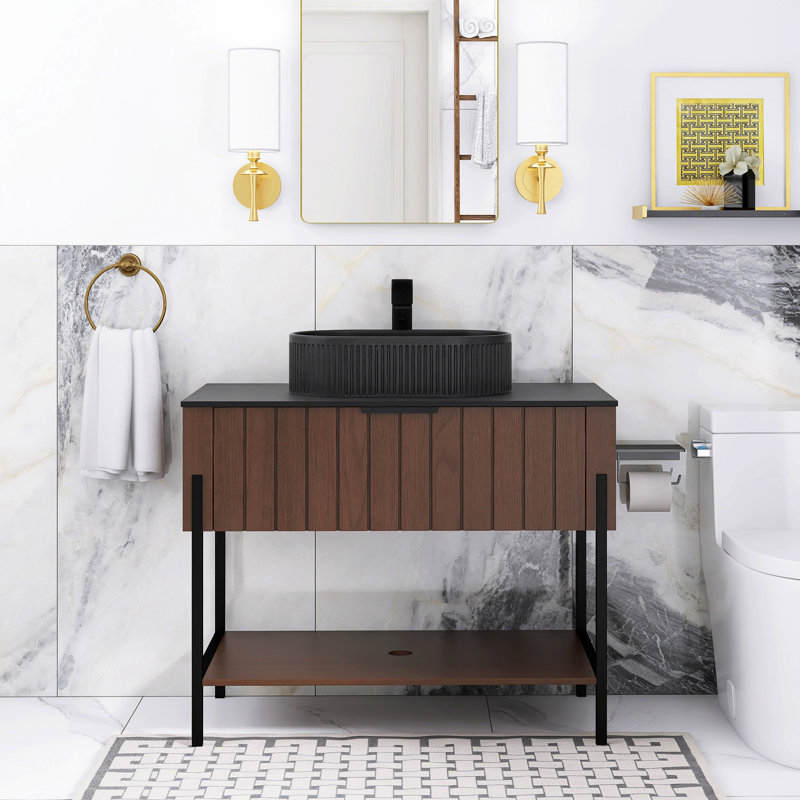 35,83 po W Meuble-lavabo autoportant en noyer foncé avec céramique noire