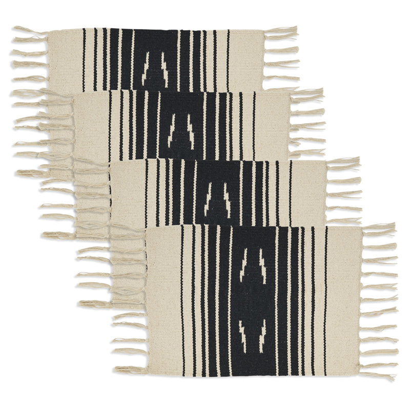 Black & Natural Southwestern Placemats With Fringe 12" W X 18" L, Set Of 4