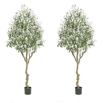2 Pack 7FT Artificial Olive Tree with Planter, Tall Faux Silk Plant with Natural Wood Trunk and Lifelike Fruits for Home Office Decor Indoor Fake Potted Tree with Wood Branch for Home Office Decor