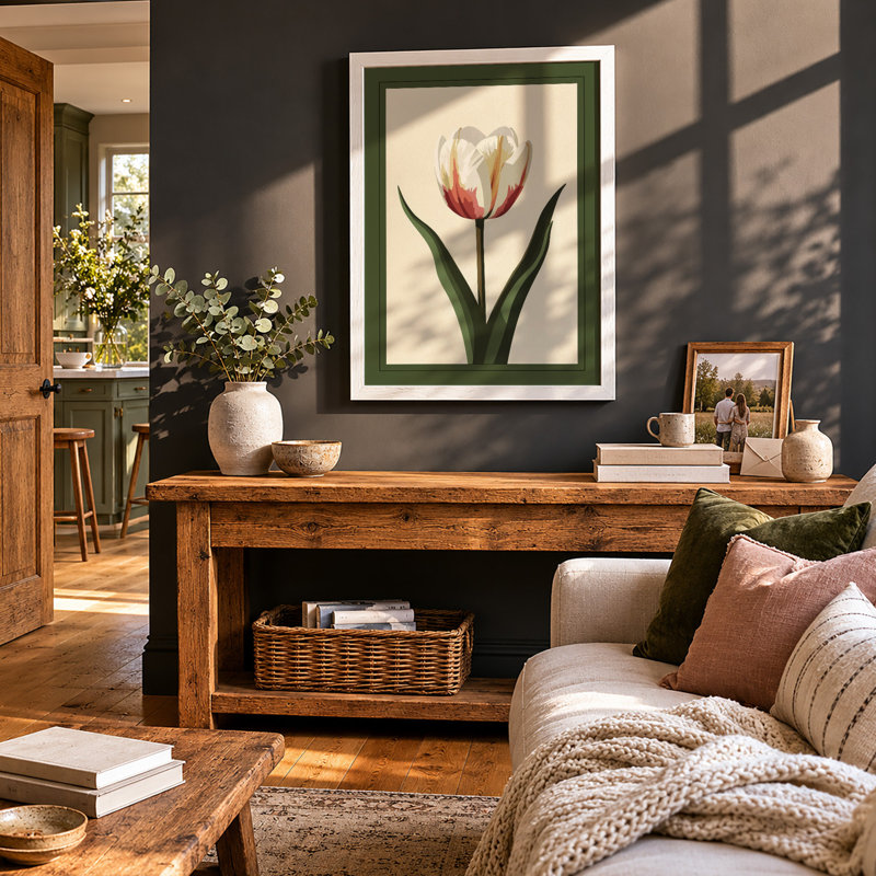 Single Tulip Study Botanical - Framed Print, A2 - 59.4 x 42.0 cm, White
