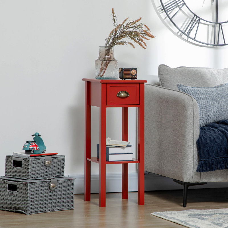 Table d'appoint à 2 niveaux avec tiroir et tablette de rangement, table d'appoint moderne, Rouge, 1