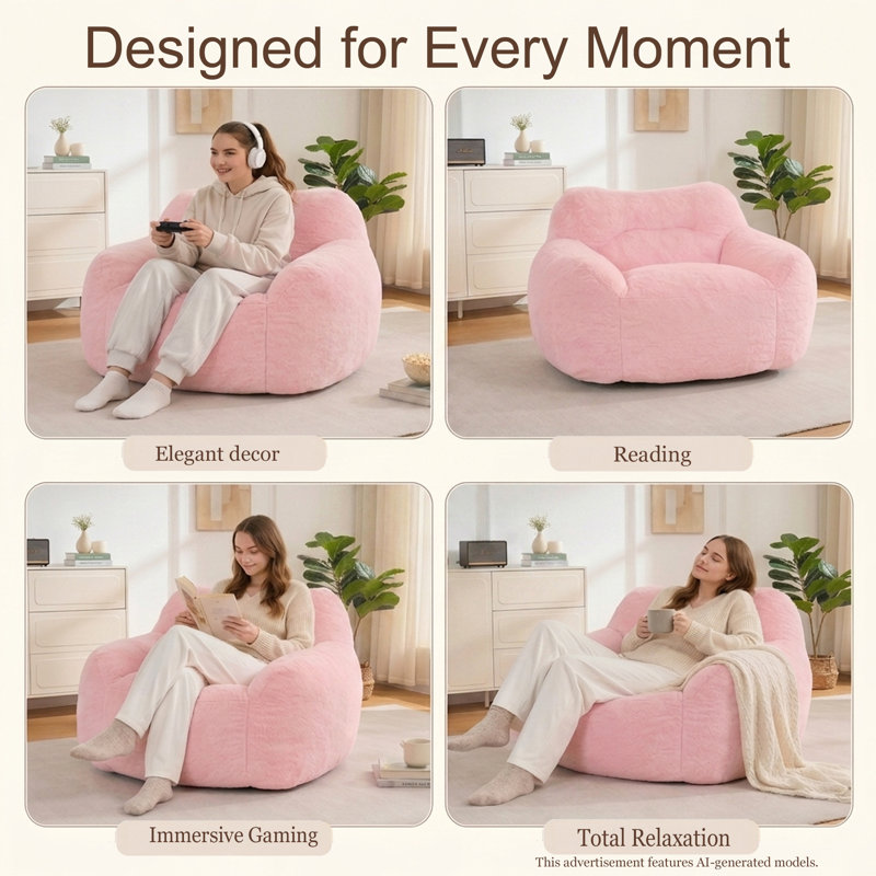 Fauteuil à billes géant pour adultes UUKRAVE, canapé surdimensionné en fausse fourrure avec rembourrage en mousse à mémoire de forme, fauteuil de lecture confortable au sol, idéal pour la chambre à coucher, le salon et la salle de jeux (rose)