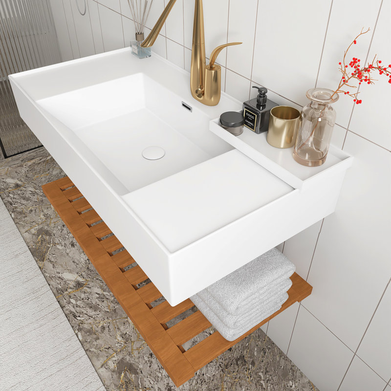 Wall-Mounted Floating White Rectangular Acrylic Integrated Basin With Striped Shelves Layer Bathroom Vanity In Dark Walnut