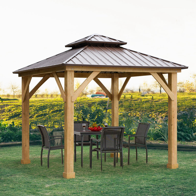 10x10 Brown Solid Wood and Steel Hardtop Gazebo