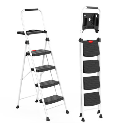 Échelle de tabouret pliable à 4 marches avec plateau à outils - capacité de 330 lb, pédale antidérapante, poignée en acier, blanc