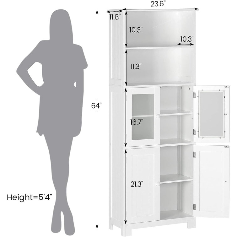 64” Bathroom Floor Storage Cabinet Large Freestanding Linen Tower Kitchen  Pantry Storage Cabinets with 2 Doors & Open Compartments for Kitchen Living