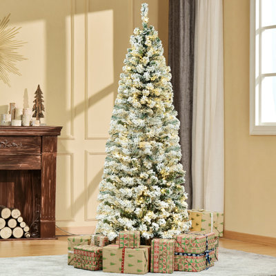 Pre-Lit Snow-Flocked Slim Douglas Fir Artificial Christmas Tree With Realistic Branches, 550 LED Lights And 988 Tips