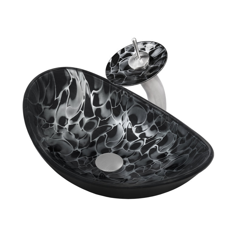 Novatto 14.5'' Glass Oval Bathroom Sink with Faucet, Brushed Nickel