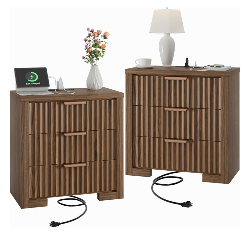 Commode 3 tiroirs pour la chambre à coucher, coffre de rangement moderne l 23,6 po pour le salon (ensemble de 2), Noyer, 2