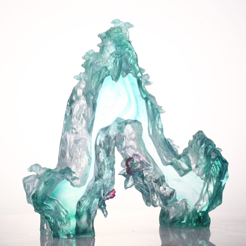 LIULI Crystal, Mountain and Pine Sculpture, Camellia, Tai Chi Series | Evergreen Mountain Spirit
