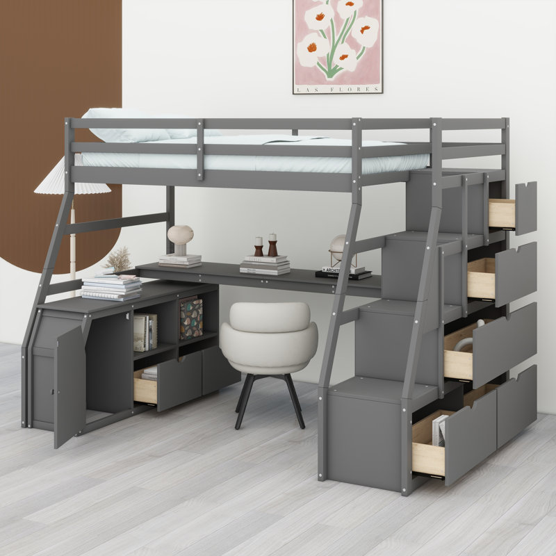 Lit mezzanine avec tiroirs, tablettes et bureau, Gris