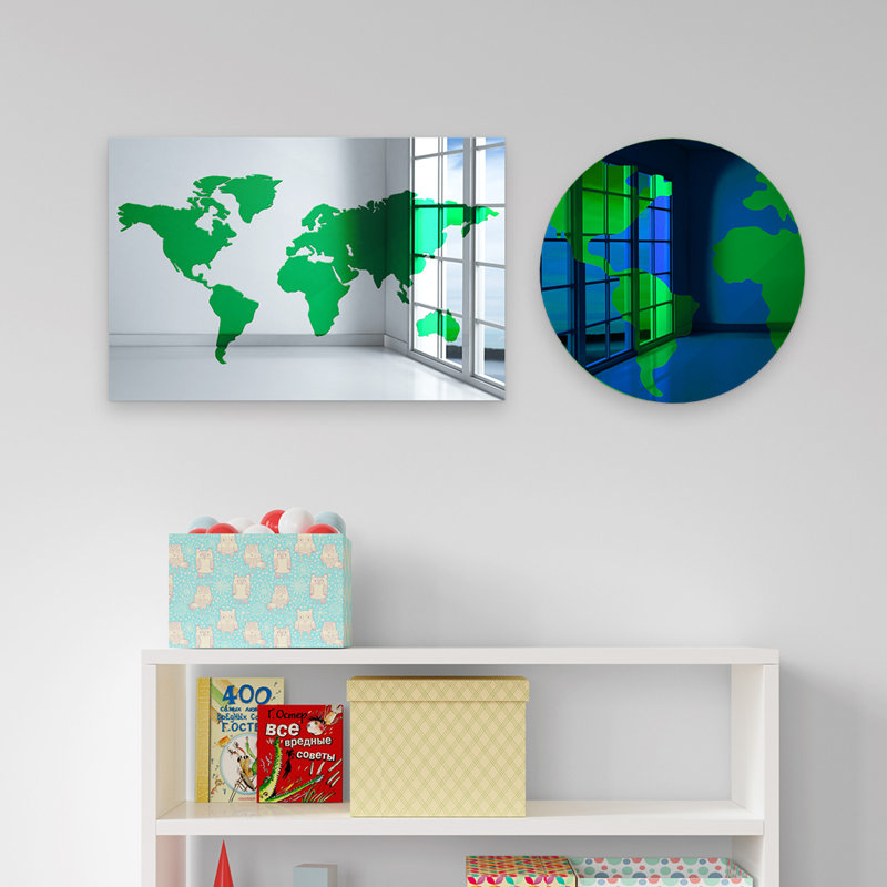 Décoration murale en acrylique carte du monde moderne, H 16 po x l 24 po x P 1 po, Argenté / Vert