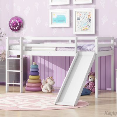 Rubber Wood Low Loft Bed with Slide