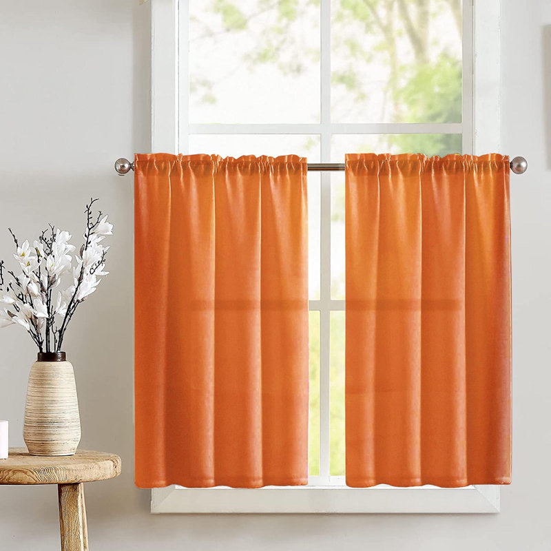 Bright Orange Polyester Kitchen Tier Window Curtains