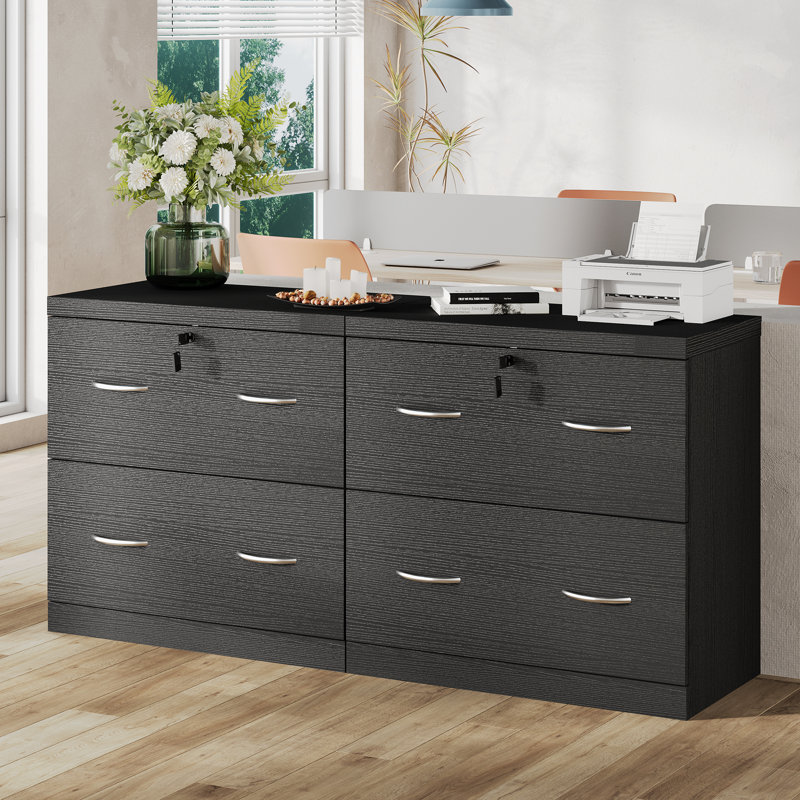 2-Drawer Wood File Cabinet With Lock, Lateral Filing Cabinet For Printer Stand, Black
