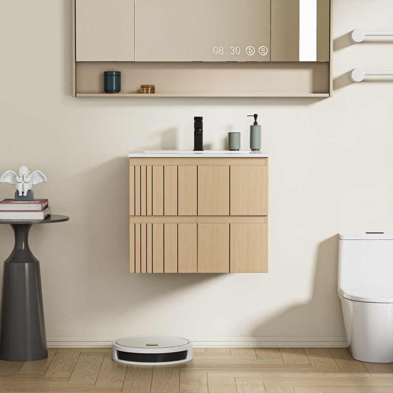 24" Wall Mounted Bathroom Vanity Set With Sink Top, Faucet And Drain, Wood Tune Floating Cabinet, 24"