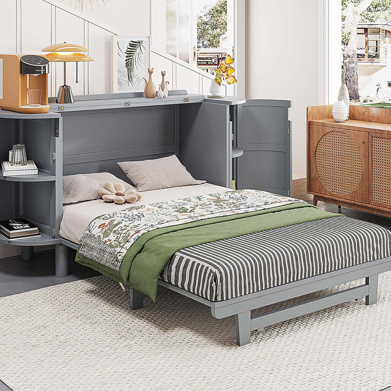 Lit escamotable double avec rangement dissimulé et motif tissé moderne, gris, Gris, Lit double