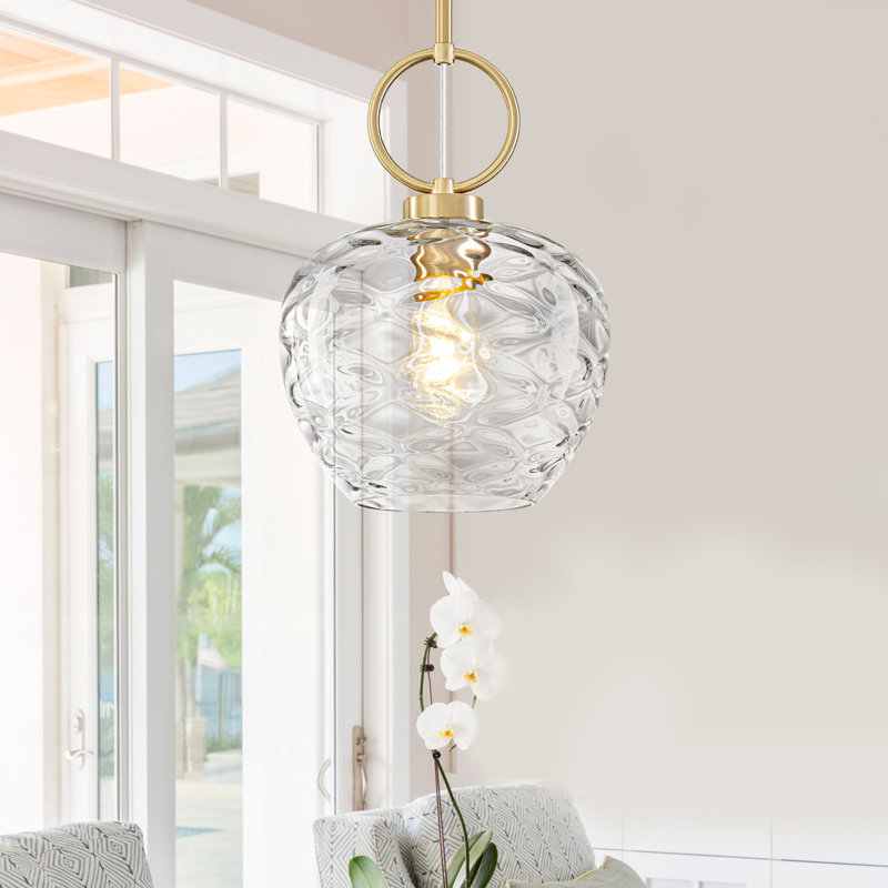 9" Modern Brushed Brass Mini Pendant Light with Hand-Blown Textured Glass Globe Shade, Adjustable Height 19.5"-97.5" for Kitchen Island Bedroom Dining Room