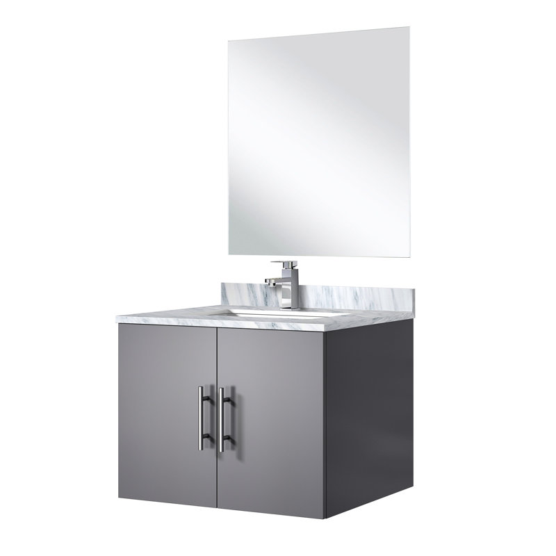 Meuble-lavabo gris foncé 61 cm x 56 cm avec comptoir en marbre, miroir et robinetterie - Résistant à l'usure et aux déchirures - Comptoir simple, miroir de 46 cm et résistance