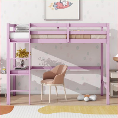Lit mezzanine simple en bois d'hévéa avec bureau intégré Barrière de sécurité rose - aucun sommier nécessaire