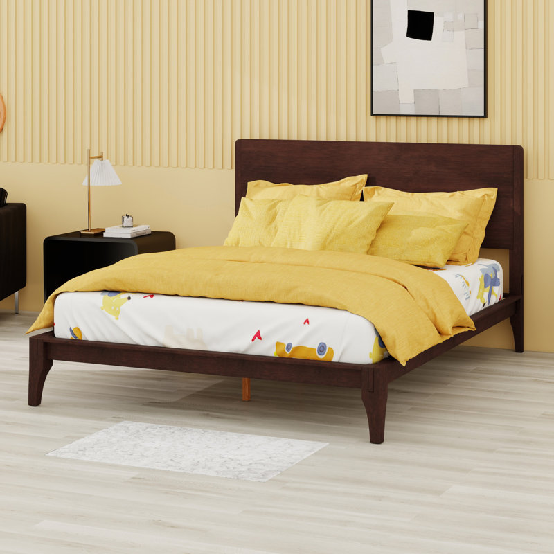 Lit plateforme en bois de bambou de style Mid-Century avec support en lattes de bois, Double, Chocolat