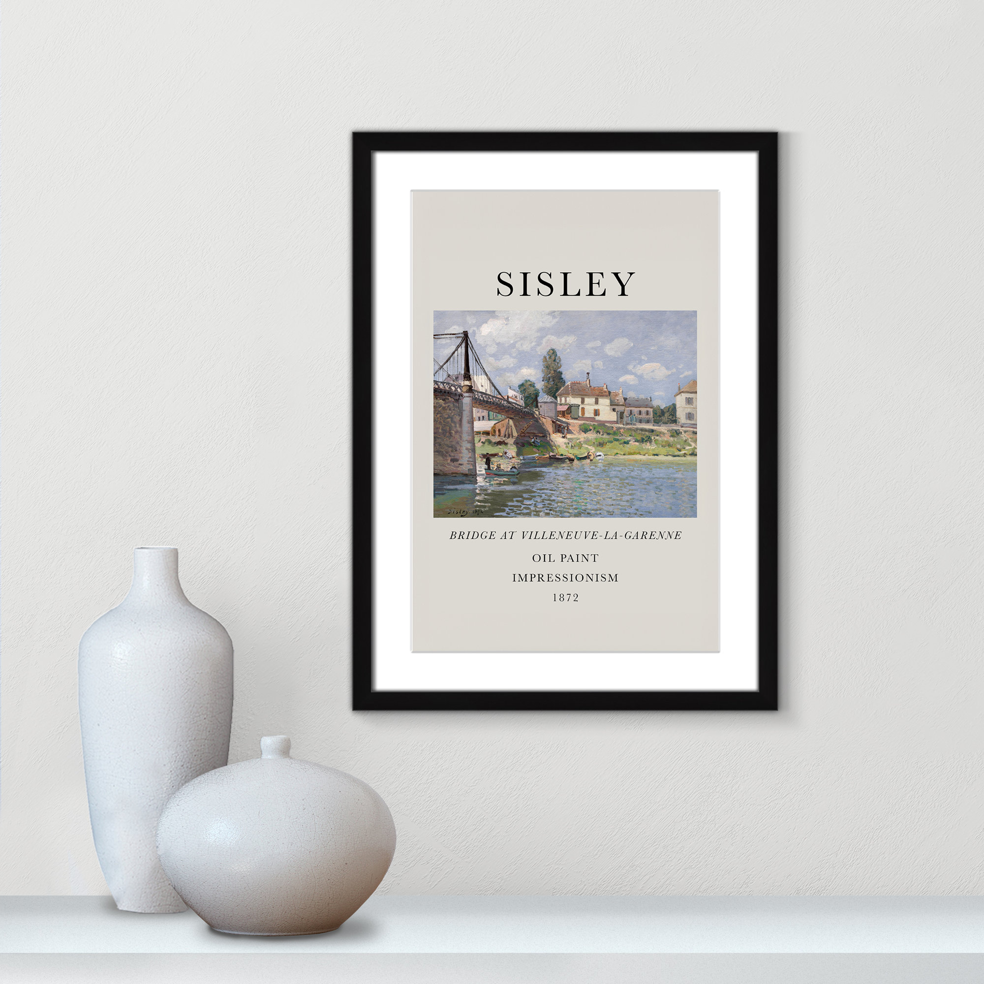 Old Masters Collection " The Bridge At Villeneuve " by Alfred Sisley, Black Single Picture Frame, Yes