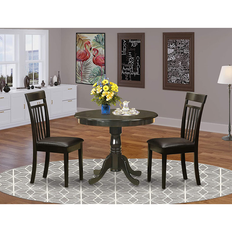 3 Piece Dining Room Table Set Contains a Round Wooden Table with Pedestal and 2 Faux Leather Kitchen Dining Chairs, Cappuccino