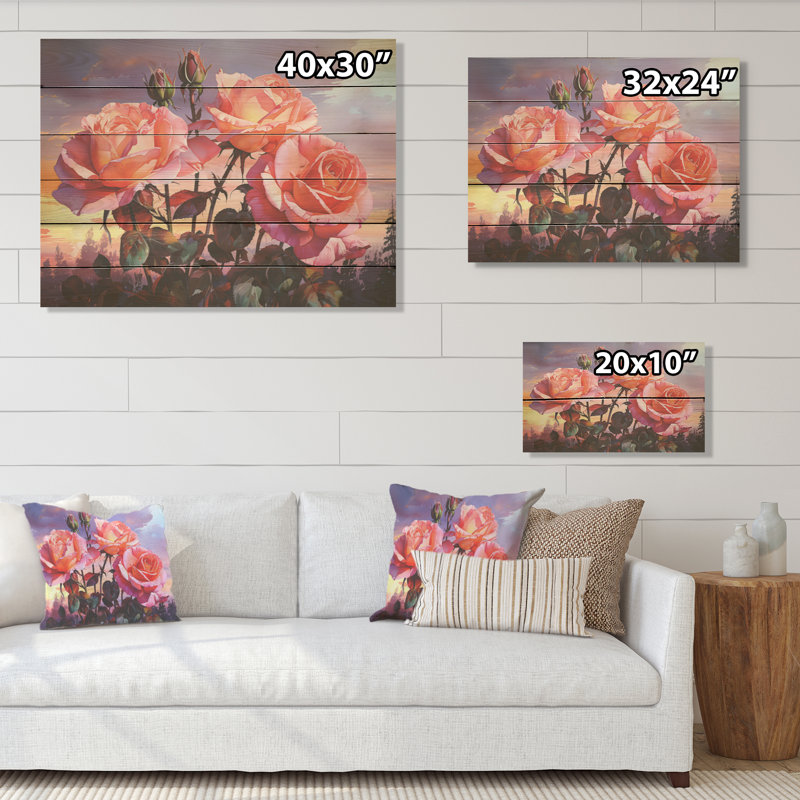 Coucher de soleil corail I - Roses, art sur bois de pin naturel, H 30 po x l 40 po
