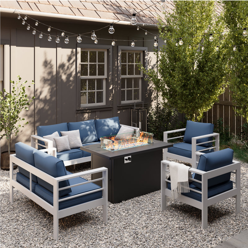 7-Person Sofa Seating Group With Coffee Table, Blue Cushion/White Frame