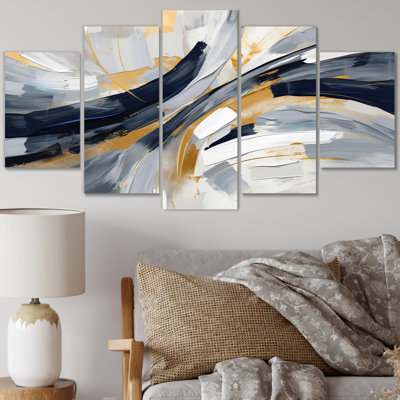 «Grey and Gold Transcendent Impressions V», reproduction d'art abstrait de formes abstraites - 5 panneaux