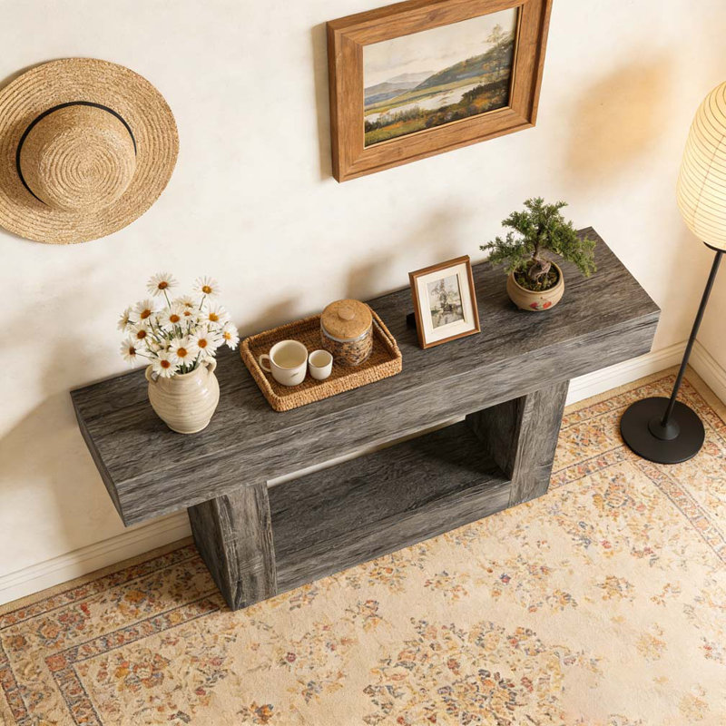Wooden Farmhouse 2-Tier Sofa Entryway Table, Retro Grey