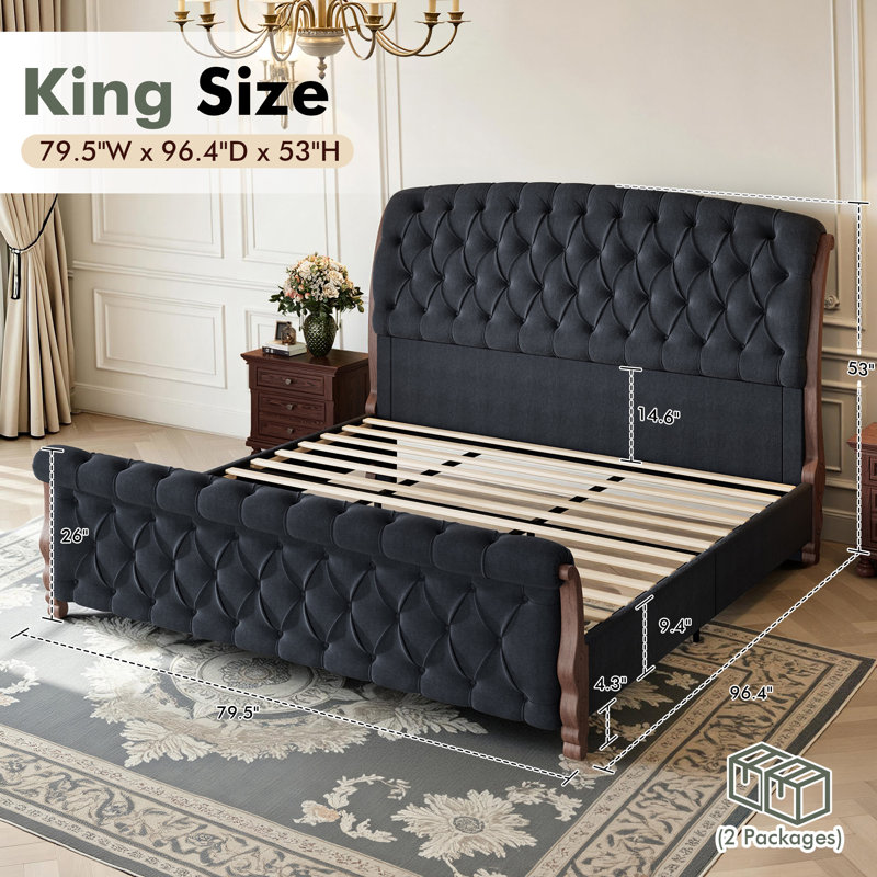 Dulane King Size Tufted Upholstered Sleigh Bed, Modern Chenille Platform Bed Frame, No Box Spring Required, Black, Black