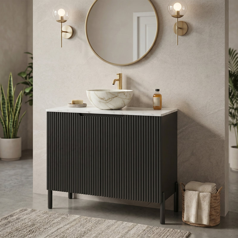 30" Freestanding Bathroom Vanity with Fluted Doors, Sintered Stone Countertop & Vessel Sink, Soft-Close Storage Cabinet
